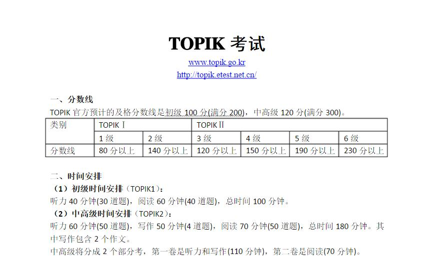 TOPIK考试等级划分，中韩人力网